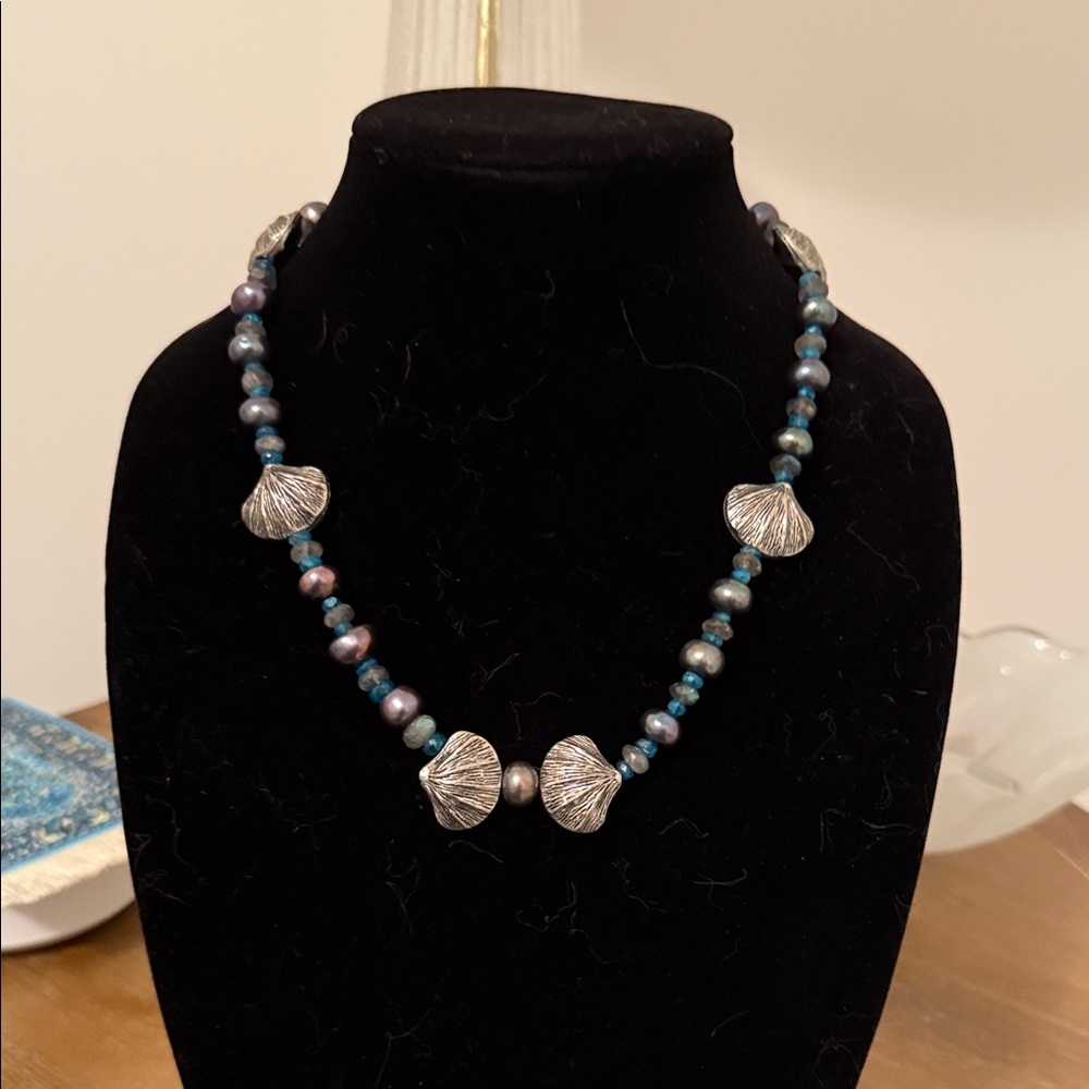 Elegant Silver shell and Blue Beaded Necklace